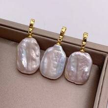 (Natural Pearl, Slight Difference Between Actual Product And Image) Baroque Rectangular Flat High-Quality Luster Freshwater Pearl Pendant, Exclamation Mark Shaped Gold Pendant Holder, Chain And Box Not Included - F - View 8