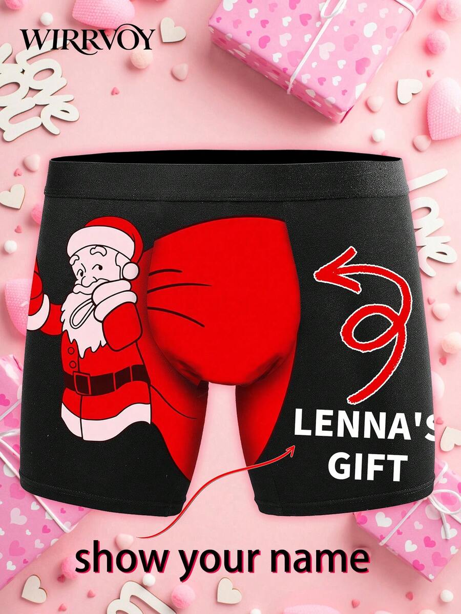 1pc Customized Men's Boxer Briefs, Heart-Shaped Face Pattern Printed Men's Underwear, Personalized Photo Men's Boxer Shorts, Gift For Your Loved One, His Gift - Black - View 1