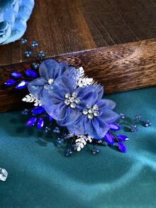 Elegant Blue Organza Flower Bridal Hair Comb Women's Headpiece Suitable For Wedding Party - Blue - View 6