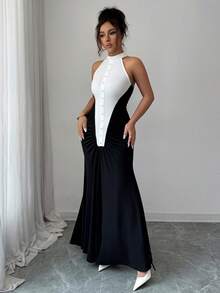 Women Black White Halter Maxi Dress, Color Block Ruched Pearl Button Summer Fall Back To School Y2K Formal Slim Dress - Black - View 3