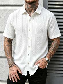 Men's Cuban Collar Zebra Print Short Sleeve Shirt, Casual Button-Up Top, Suitable For Business Commute And Daily Wear - White - View 2