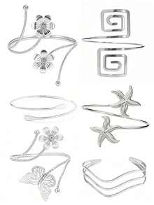 6pcs Hollow Metal Arm Cuffs, Adjustable Floral Butterfly Starfish Versatile Arm Bracelets, Stackable, Suitable For Party, Gift For Friends And Family, Daily Wear - 6-pack - View 11