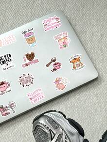 50pcs Fun Coffee Stickers, Pink Cartoon Doodle DIY Notebook Diary Stationery Bottle Stickers, Student Gift - Multicolor - View 4