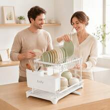 Senmeo 2-Tier Steel Dish Drying Rack, Includes 5 Rags + Built-In Drainboard And Hook Set, Rust-Proof & Sturdy, Space-Efficient For Kitchen/Countertop, Ideal Seasonal Storage Solution - Black (gift 5 Cleaning Cloths)) - View 8