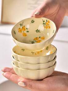 3.9 Inch Floral Print Ceramic Dip Bowl, Cute Flower Sauce Dish, Small Yellow Floral Print Bowl, Suitable For Condiments, Snacks, Desserts, Perfect For Home Kitchen, Party And Restaurant Use. - Multicolor - View 8