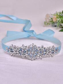 1pc Fashion Bridal Wedding Dress Belt, Light Blue Pearl Decoration, Handmade Rhinestone Waistband, Suitable For Party, Banquet Dress Waist Accessory - Blue Ribbon - View 6