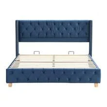 With Slatted Base And Headboard, Button Tufting, Rivet Decoration, Wooden Legs, Linen - 藍色 - 查看 11
