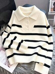 Autumn/Winter New Button Polo Collar Women's Striped Base Layer Top, Fashionable High-End Minimalist Pullover Versatile Sweater - White - View 5