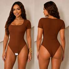 Body Manga Curta Feminino Decote Quadrado Básico Bodie Suplex Social - 1 MARROM E 1 BRANCO - Visão 2