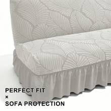 Sofa Bed Cover With Ruffle Hem, Elastic Jacquard Large Leaf Pattern One-Piece Stretch Sofa Cover, Machine Washable Living Room Furniture Protector - Light Grey - View 9