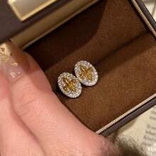French Vintage Zirconia Inlaid 18K Gold Plated 3D Iris Oval Stud Earrings For Women - Gold - View 5