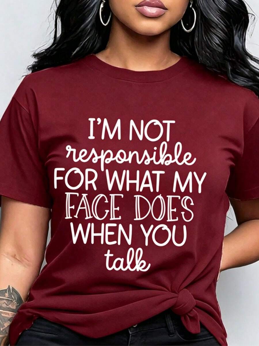 Women I'M NOT RESPONSIBLE FOR WHAT MY FACE DOES WHEN YOU TALK Slogan Graphic Tee Round Neck Short Sleeve Casual Daily All Season Summer Tshirt - 酒紅色 - 查看 1