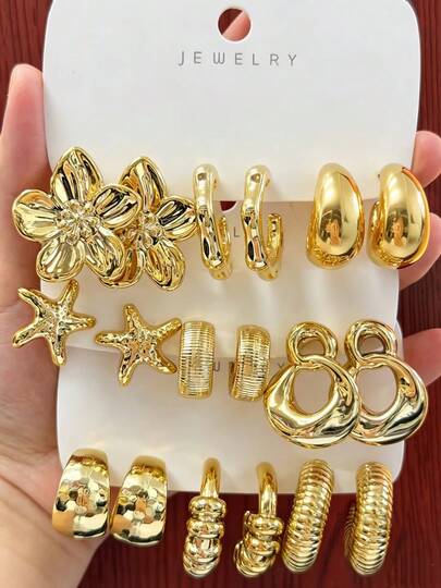 1 Pair - 9 Pairs Hollow, Star, Stripe, Flower Earrings Set, Resin Material, Suitable For Women's Daily Wear, Also Can Be Given As A Gift To Friends.