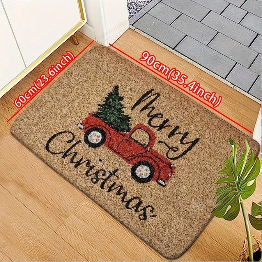 Rustic Christmas Door Mat, Carpet, Holiday Entrance Decor, Hand Washable Polyester, Multiple Sizes Available, Rectangular, Washable, Moisture-Resistant, Suitable For Home, Bedroom, Entrance - A - View 1