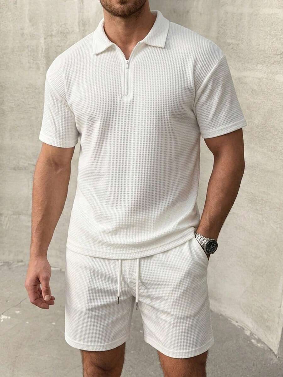 DAZY 夏季复古华夫格男士套装,休闲通勤简约白色拉链 Polo 衫和抽绳短裤两件套 - 白色 - 查看 1