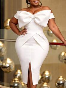 Fashion Plus Size Women's White Fitted Mid-Length Dress, Off-Shoulder Large Bow Front Slit, Elegant Wedding Guest Party Evening Summer Dress - White - View 2