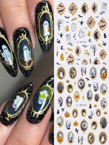 2 Peças Adesivos de Arte de Unhas com Moldura Dourada para Halloween, Silhueta Escura Vintage, Fantasma, Abóbora, Árvore Murcha, Aranha, Padrão de Morcego, Decoração de Unhas DIY para Festa de Halloween em Estilo Gótico, Suprimentos de Arte de Unhas de Outono - Multicolorido - Visão 5