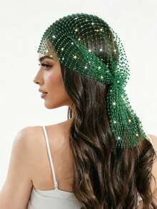 1pc Rhinestone Fishnet Headscarf, Crystal Fishnet Headwrap, Sparkling Rhinestone Mesh Long Tail Hair Cap, Party Bridal Styling Headpiece, Elastic Hairband, Luxury Black Rhinestone Mesh Headwrap Scarf - A - View 9