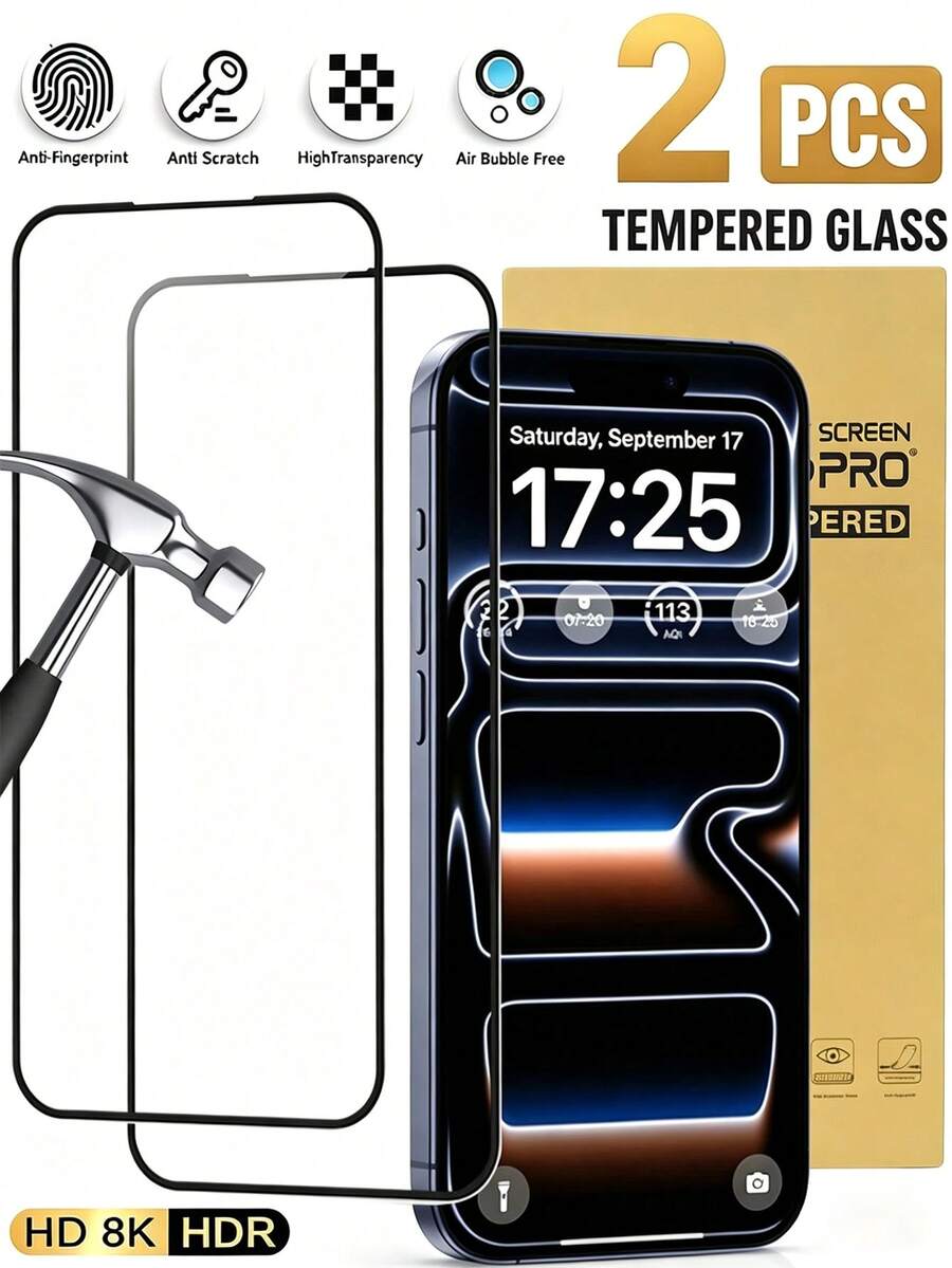 2pcs Silk Screen High Definition Tempered Glass Screen Protector, Waterproof, Oil-Resistant, Wear-Resistant, Scratch-Resistant, Compatible With IPhone 18 Pro Max/18 Pro/17 Pro Max/17 Pro/17 Air/17/16 Pro Max/16 Pro/16 Plus/16/15/14/13/12/11 - Clear - View 1