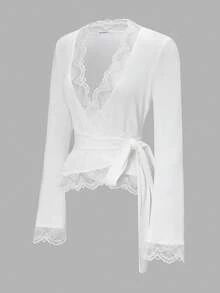 Autumn White Lace V-Neck Wrap Tie Waist Ruffle Cropped Slim Fit Top, Suitable For Cafe Check-In, Relaxed Daily Date, City Shopping Outing, Halloween Elegant Soft Outfit, Short Trip Travel Outfit - White - View 6