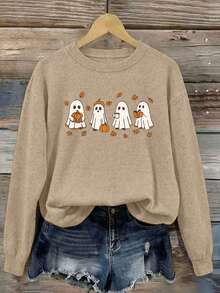 Plus Size Women Cute Ghost Pumpkin Maple Leaf Print Long Sleeve Faux Sweater, Women Halloween Costume, Women Autumn Outfit, Suitable For Halloween Street Daily Party - Camel - View 8