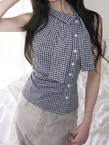 Korean Style Retro Plaid Bow Tie Cinched Waist Pleated Design Sleeveless Tank Top Casual Summer - Blue - View 1