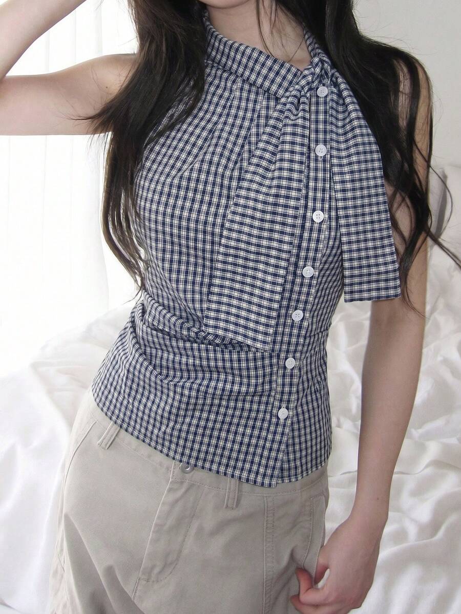 Korean Style Retro Plaid Bow Tie Cinched Waist Pleated Design Sleeveless Tank Top Casual Summer - Blue - View 1