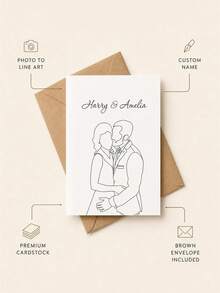 1pc Customized Couple Line Art Wedding Greeting Cards, Single-Line Sketch Blessing Cards For The Couple, Personalized Wedding Portrait Memo Cards, Minimalist Wedding Stationery, Customized Wedding Painting Cards. - Multicolor - View 7