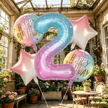 7pcs Gradient Number Foil Balloons With "Happy Birthday" Round Pattern And Pink & White Star Design, Free Adhesive Straws Included, Suitable For Kids Birthday, Baby Shower, Girls Party And Photo Backdrop - View 14