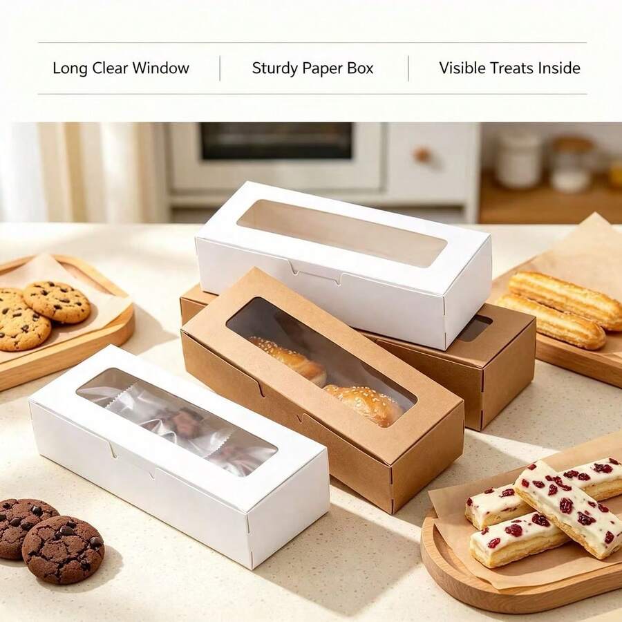 5/10 Pieces 8*2*3 In Foldable Long Rectangle Paper Gift Boxes, Kraft Brown & White Decorative Favor Boxes With Clear Window, Wedding Birthday Baby Shower Party Supplies For Gift Wrapping Small Crafts Storage - View 1