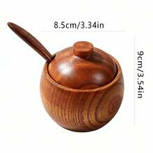 1pc Wooden Salt Cellar With Lid And Spoon, 3.5 Inch/9cm Wooden Salt Jar, Suitable For Kitchen Countertop, Unique Wooden Spice Container, Suitable For Home And Kitchen, 6oz Capacity - Brown - View 10