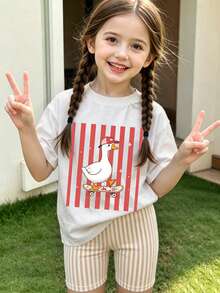 Girls Short Sleeve T-Shirt With Skateboarding Duck Print On Red And White Striped Background - White - View 3
