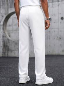 White Waffle Knit Wide Leg Sweatpants For Men, Textured Metal Drawstring Straight Leg Casual Long Pants - White - View 6