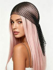 1pc Rhinestone Fishnet Headscarf, Crystal Fishnet Headwrap, Sparkling Rhinestone Mesh Long Tail Hair Cap, Party Bridal Styling Headpiece, Elastic Hairband, Luxury Black Rhinestone Mesh Headwrap Scarf - A - View 12