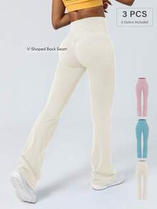 Sodalemon 3pcs Women's Training Fitness Yoga Pants Set, Solid Color Butt Lifting Casual Flare Pants - Multicolor - View 10