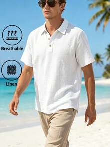 Men's Summer British Style Loose Fit Breathable Linen Polo Shirt, Casual Solid Color Button-Up Vacation Lapel Short Sleeve Lightweight Luxury - White - View 1