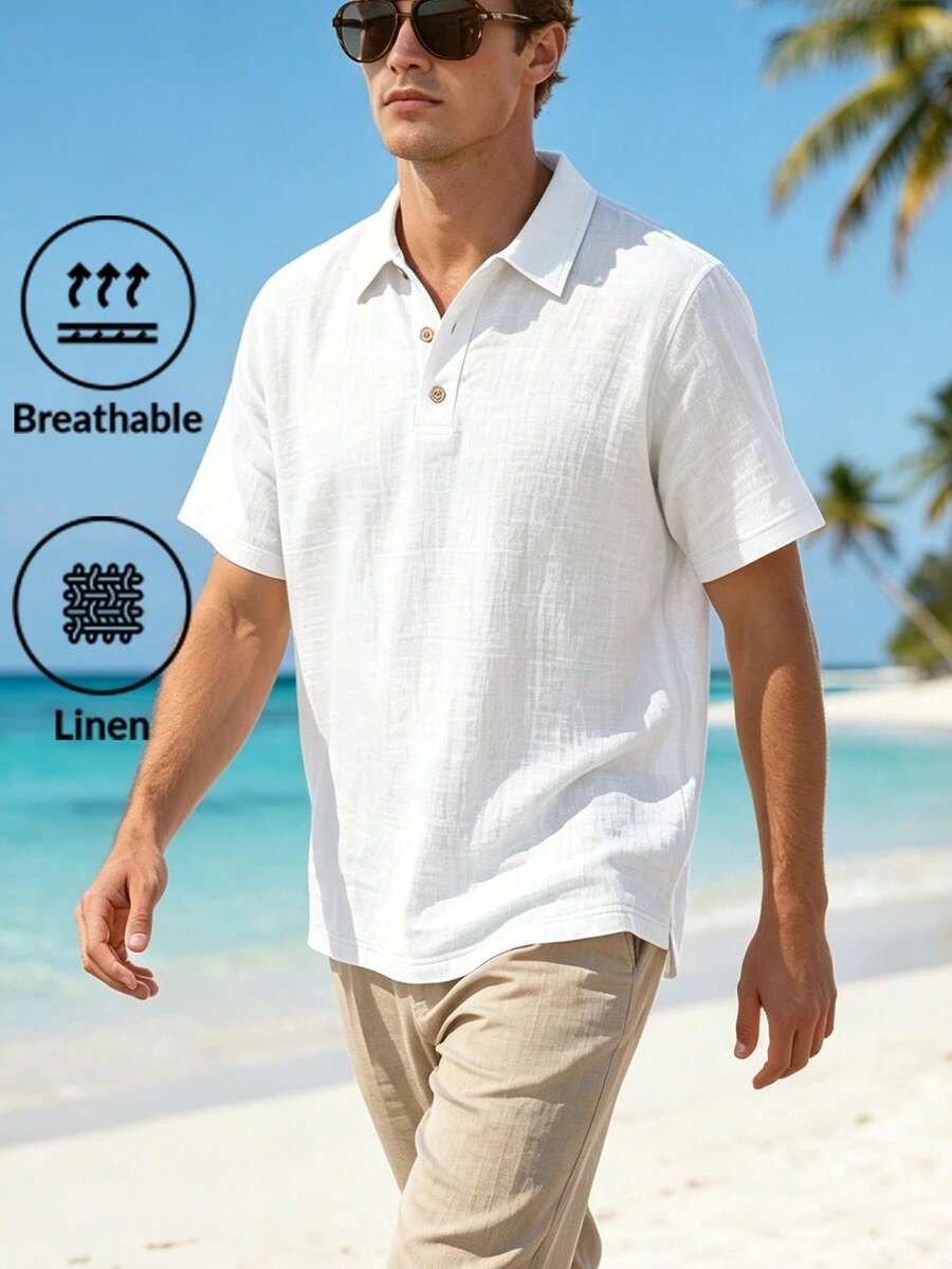 Men's Summer British Style Loose Fit Breathable Linen Polo Shirt, Casual Solid Color Button-Up Vacation Lapel Short Sleeve Lightweight Luxury - White - View 1