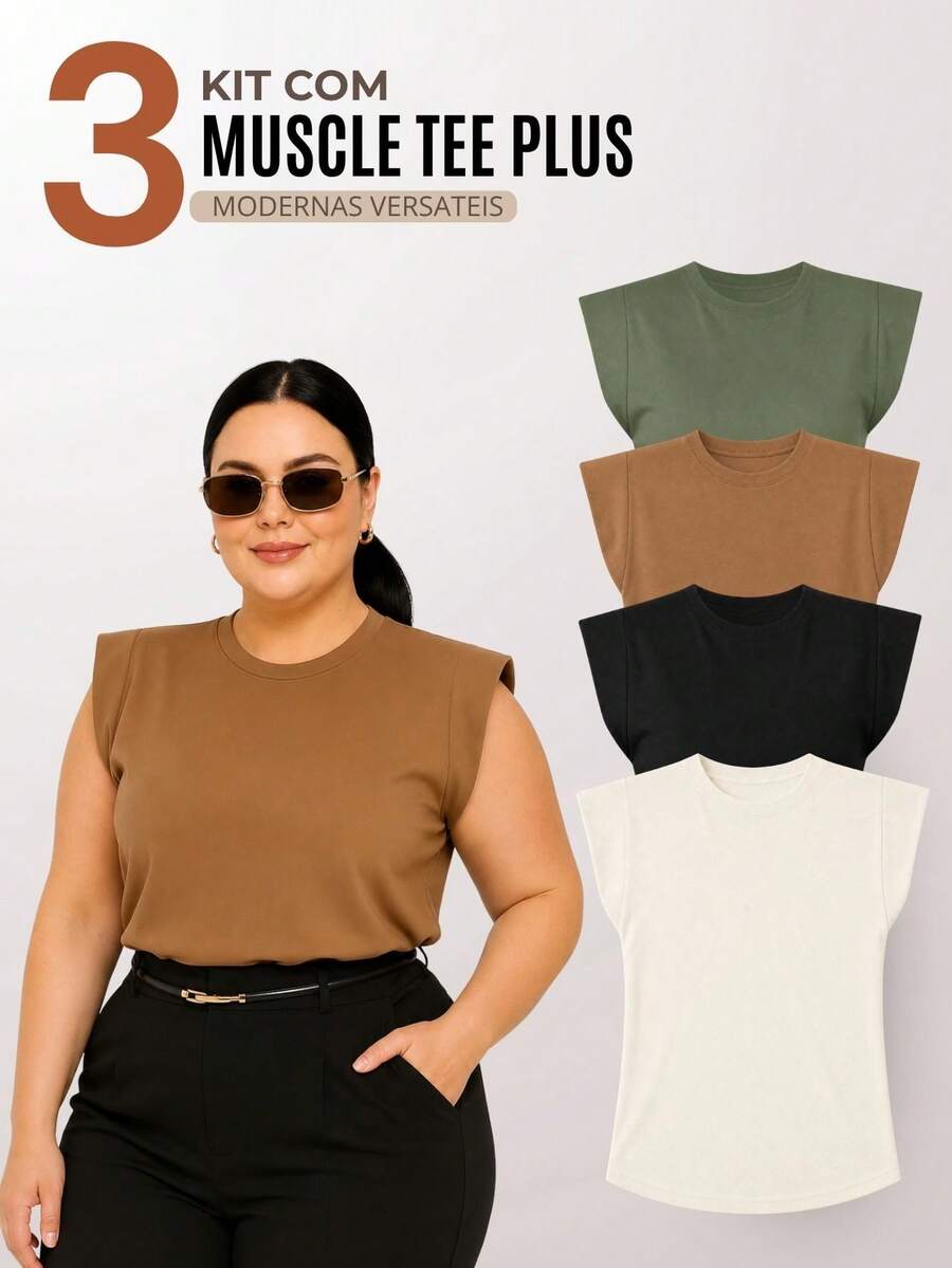 Kit 3 Blusas Feminina Plus Size Muscle Tee 100% Algodão Premium Básica Casual - J00