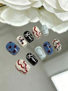 10 piezas de uñas postizas cuadradas cortas hechas a mano, estilo vintage soft girl, Y2K pintadas a mano con lazo rojo, corazón, lazo negro, lazo blanco, purpurina grande, coloridas, con strass y perlas, set de uñas postizas para dedos - Multicolor - Ver 3