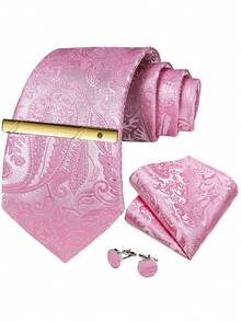 4pcs Bright Pink Paisley Pattern Men's Formal Tie Set, Includes Pocket Square, Cufflinks And Gold Tie Clip, Suitable For Party - Pink - View 1
