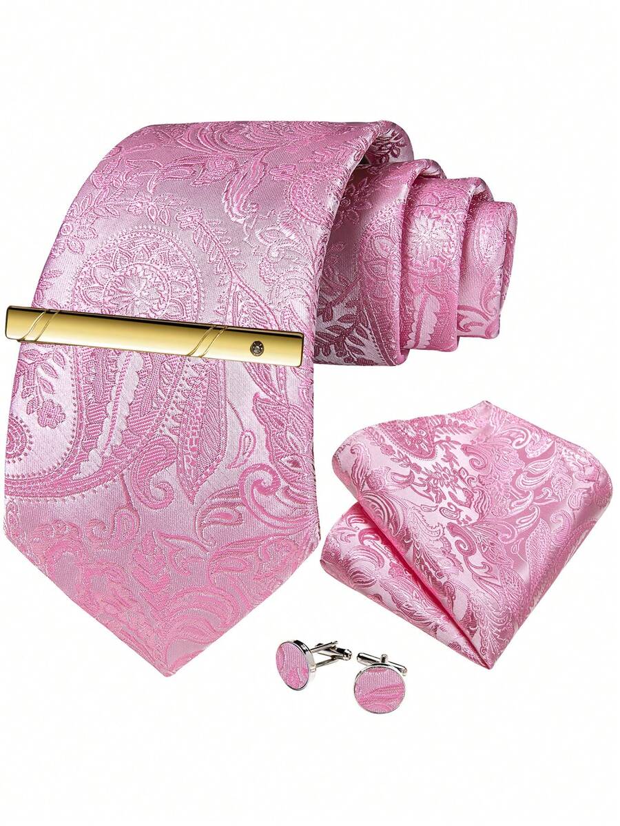 4pcs Bright Pink Paisley Pattern Men's Formal Tie Set, Includes Pocket Square, Cufflinks And Gold Tie Clip, Suitable For Party - Pink - View 1