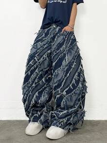1pc Vintage Patchwork Fringed Men's Blue Denim Jeans, Casual Loose Fit Wide Leg Pants, Versatile All Season - Blue - View 9