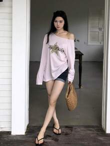 American Lazy Leopard Print Star Graphic T-Shirt Casual - Pink - View 4