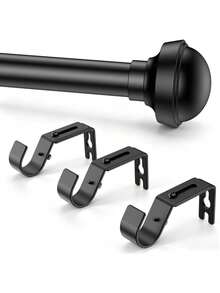 Black Curtain Rods 66-120", 1" Heavy Duty Adjustable Metal, 1 Inch Diameter, 3 Support Brackets, Ball Finials, Living Rooms, Bedrooms, And Sliding Glass Doors - Star - View 1