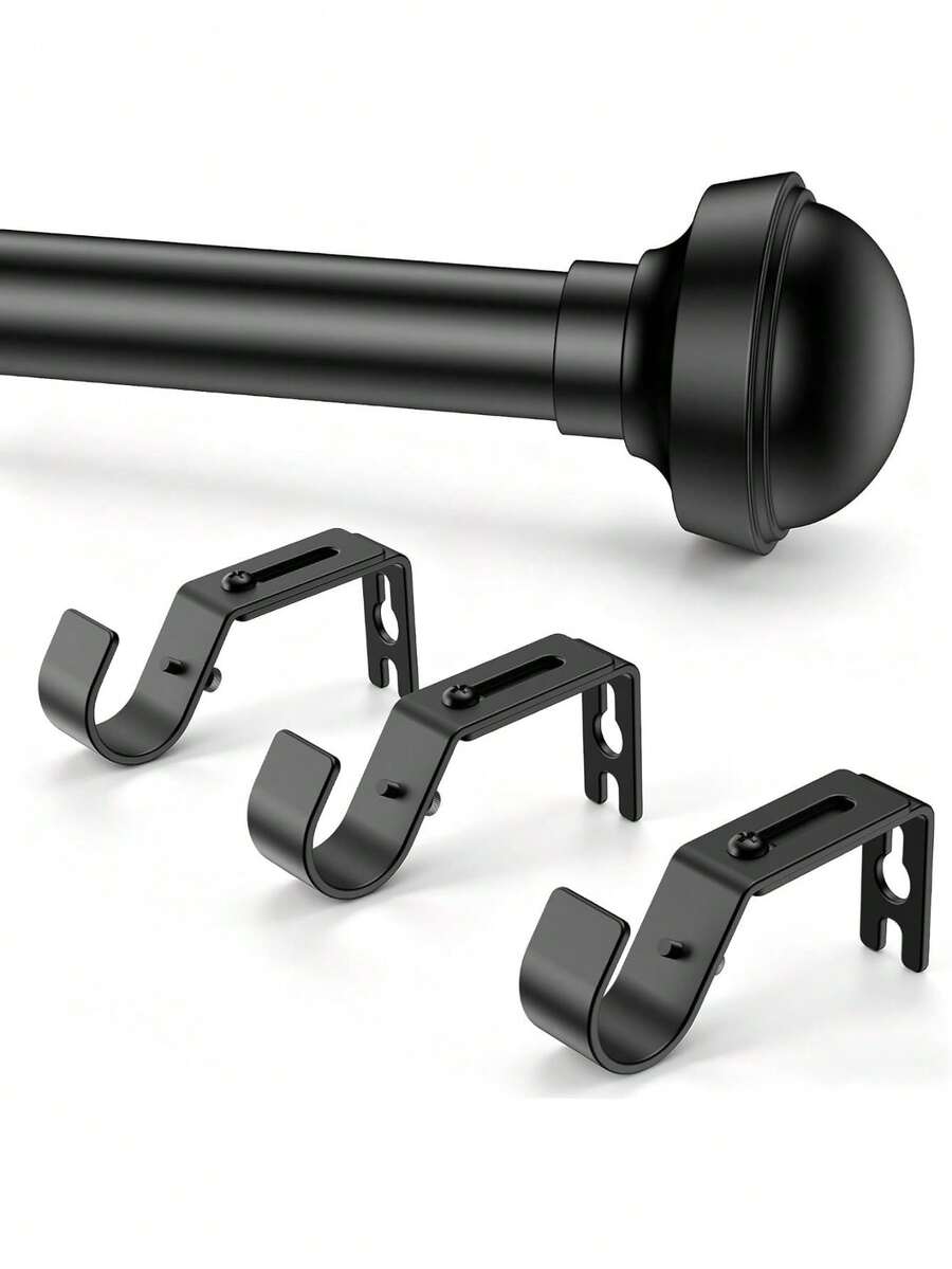 Black Curtain Rods 66-120", 1" Heavy Duty Adjustable Metal, 1 Inch Diameter, 3 Support Brackets, Ball Finials, Living Rooms, Bedrooms, And Sliding Glass Doors - Star - View 1