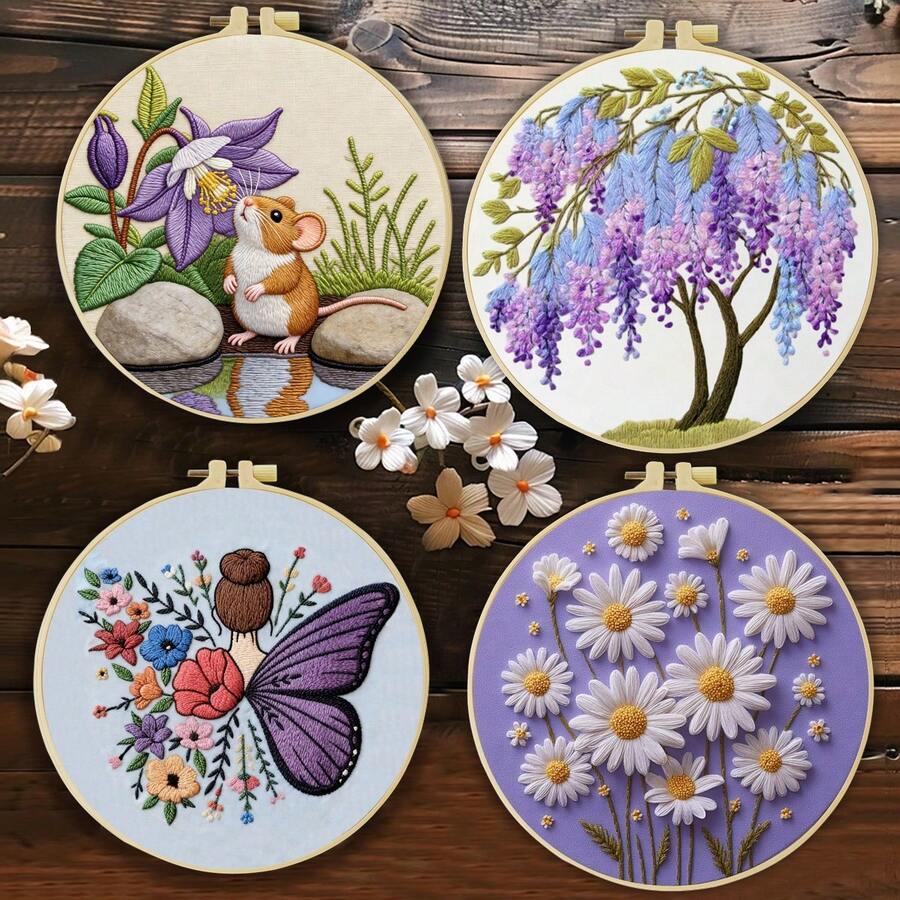 1PC 20*20cm/7.9*7.9in,Purple Landscapes Embroidery Kit, DIY Handmade Embroidery Set For Adult Beginners, Home Gift, Women's Sewing Gift, Including User Manual, Printed Pattern Fabric, Embroidery Frame, Needle And Thread.