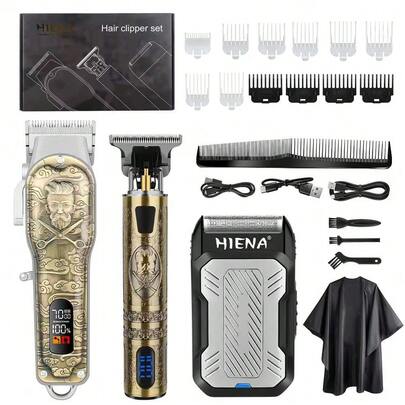 HIENA Kit de Barbero Vintage Grabado 3 en 1, Cortadora de Cabello Recargable por USB con Pantalla LCD, Recortadora de Cuchilla en T de Espacio Cero y Afeitadora de Lámina Lavable, Accesorios Completos de Salón, Regalo Profesional de Afeitado de Cabello, Barba y Calva para Barberos y Hombres