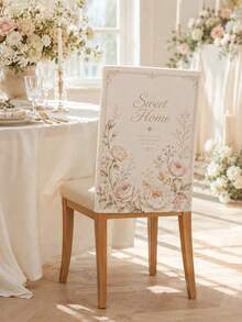 1pc/4pcs/6pcs Ivory Blush Floral Wedding Chair Back Covers, Elegant Polyester Rectangular Dining Chair Covers With Sweet Home Quotes, Rose, Peony, Baby's Breath Patterns And Fancy Borders, Suitable For Reception, Banquet, Ceremony, Bridal Shower And Party Decoration - B - View 4