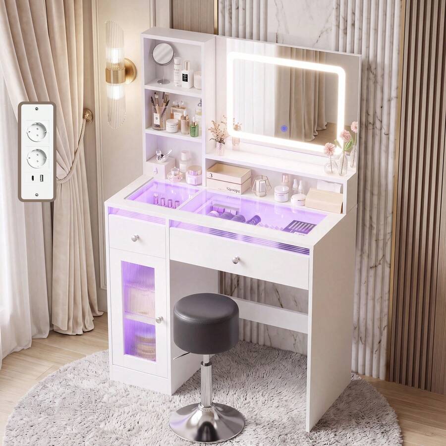 Devoko tocador con espejo LED, iluminación RGB y modo música, tocador con superficie de cristal, cajones, estante abierto, regleta de enchufes, USB/Tipo C y función de temporizador, blanco - Ver 1