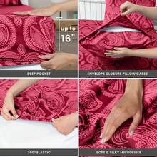 Lux Decor 6-Piece Paisley Bed Sheets High GSM Brushed Microfiber Sheets - Elevate Your Sleep Experience With 16-Inch-Deep Pocket Bedding Sheets & Pillowcases- Back To School- Graduation Gift- All Sizes Available- Winter Vibes, Christmas Decor, - 酒紅色 - 查看 5
